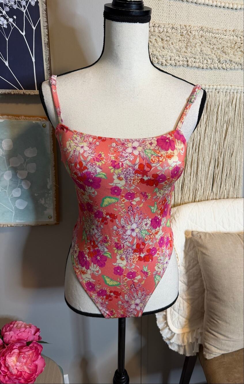 Victoria’s Secret Floral One Piece Swimsuit Pink Open Back Tie Waist Size Small